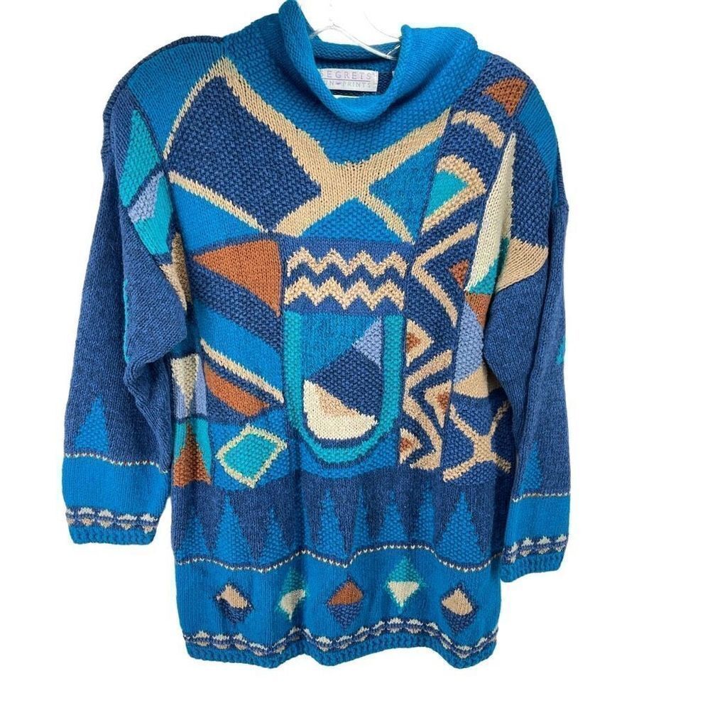 Segrets Womens Vintage 1980’s Sweater Hand Knit Rolled Mock Neck Blue Small